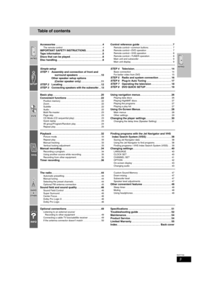 Page 33
RQT7708
Table of contents
Accessories  . . . . . . . . . . . . . . . . . . . . . . . . . . . . . . . . .4
The remote control  . . . . . . . . . . . . . . . . . . . . . . . . . . . . . . . 4
IMPORTANT SAFETY INSTRUCTIONS . . . . . . . . . . . .5
Tape information  . . . . . . . . . . . . . . . . . . . . . . . . . . . . .5
Discs that can be played . . . . . . . . . . . . . . . . . . . . . . .6
Disc handling . . . . . . . . . . . . . . . . . . . . . . . . . . . . . . . .6Control reference guide  . . . . ....