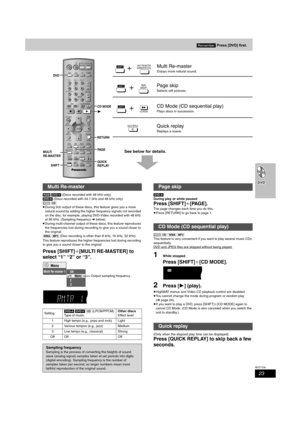 Page 2323
RQT7708
See below for details.
[RAM] [DVD-V] (Discs recorded with 48 kHz only)
[DVD-A] (Discs recorded with 44.1 kHz and 48 kHz only)
[VCD] [CD]
≥During 2ch output of these discs, this feature gives you a more 
natural sound by adding the higher frequency signals not recorded 
on the disc, for example, playing DVD-Video recorded with 48 kHz 
at 96 kHz. (Sampling frequency ➜ below)
≥During multi-channel output of these discs, this feature reproduces 
the frequencies lost during recording to give you a...