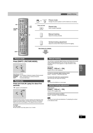 Page 3333
RQT7708
See below for details.
Press [SHIFT]i[PICTURE MODE].
Each time you do this:
STANDARD:for recordings of television program (Factory preset)
DYNAMIC:Clear, vivid pictures for scenery and sports
SOFT:for prerecorded tapes
Press and hold [1] (play) for about five 
seconds.
“R1” appears on the television.
At the end of the program, the tape rewinds to the beginning of the 
program and plays it again. (It only works if there is a five-second 
blank at the end of the program.) This repeats until you...