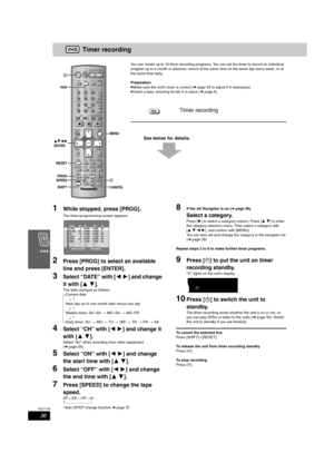 Page 3636
RQT7708
Timer recording
You can create up to 16 timer recording programs. You can set the timer to record an individual 
program up to a month in advance, record at the same time on the same day every week, or at 
the same time daily.
Preparation
≥Make sure the unit’s clock is correct (➜page 40 to adjust it if necessary).
≥Insert a tape, ensuring its tab is in place (➜page 5).
See below for details.
1While stopped, press [PROG].
The timer-programming screen appears.
2Press [PROG] to select an...