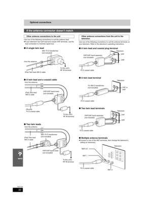 Page 5050
RQT7708
Optional connections
Use one of the following connections to suit the antenna lead.
≥If your television has both lead and coaxial VHF terminals, use the 
lead connection to minimize signal loss.
∫A single twin lead
∫A twin lead and a coaxial cable
∫Two twin leads
Use one of the following connections to suit the antenna terminals on 
your television. Refer to the television’s operating instructions.
∫A twin lead and coaxial plug terminal
∫A twin lead terminal
∫Two twin lead terminals
∫Multiple...