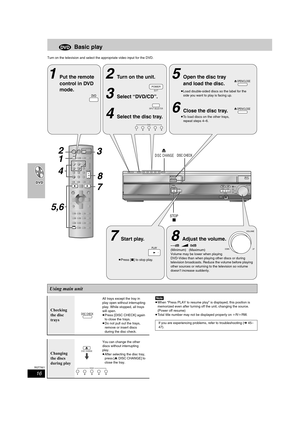 Page 1616
RQT7921
Basic play
Turn on the television and select the appropriate video input for the DVD.
[Note]
≥When “Press PLAY to resume play” is displayed, this position is 
memorized even after turning off the unit, changing the source. 
(Power off resume)
≥Total title number may not be displayed properly on iR/iRW.
VOLUME
123
4
56
78
0
DISC
9
CH
NAVI
CANCEL SPEED PROG
SKIPSLOW/SEARCH
MENU
ENTERDIRECT 
NAVIGATOR
TOP MENU
RETURN
STATUS/
FUNCTIONS
TVFM/AM DVD/VHS
DV DTV VHS
TUNER
PICTURE MODE
SETUP...