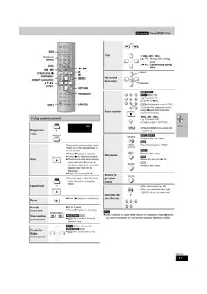 Page 1717
RQT7921
[Note]
≥Discs continue to rotate while menus are displayed. Press [∫] when 
you finish to preserve the unit’s motor and your television screen.
Using remote control
Progressive 
video
St o p
The position is memorized while 
“Press PLAY to resume play” is 
on the screen.
≥Press [1] (play) to resume.
≥Press [∫] to clear the position.
≥
This may not work while playing 
some parts of a disc or at all 
with some discs (only when the 
elapsed play time can be 
displayed).
≥Power off resume (l16)...