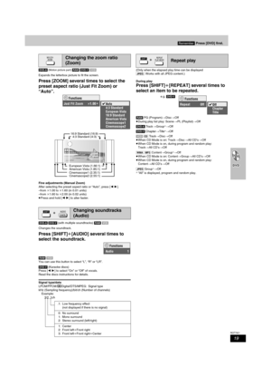 Page 1919
RQT7921
[DVD-A] (Motion picture part) [RAM] [DVD-V] [VCD]
Expands the letterbox picture to fit the screen.
Press [ZOOM] several times to select the 
preset aspect ratio (Just Fit Zoom) or 
“Auto”. 
Fine adjustments (Manual Zoom)
After selecting the preset aspect ratio or “Auto”, press [21].
–from k1.00 to k1.60 (in 0.01 units)
–from k1.60 to k2.00 (in 0.02 units)
≥Press and hold [21] to alter faster.
[DVD-A]
 [DVD-V] (with multiple soundtracks) [RAM] [VCD]
Changes the soundtrack.
Press [SHIFT]i[AUDIO]...