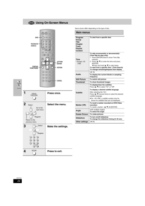 Page 2424
RQT7921
Using On-Screen Menus
Items shown differ depending on the type of disc.
1Press once.
2Select the menu.
3Make the settings.
4Press to exit.
VOLUME
123
4
56
78
0
DISC
9
CH
NAVI
CANCEL SPEED PROG
SKIPSLOW/SEARCH
MENU
ENTER
DIRECT 
NAVIGATOR
TOP MENU
RETURN
STATUS/
FUNCTIONS
TVFM/AM DVD/VHS
DV DTV
VHSTUNER
PICTURE MODE
SETUP
OPEN/CLOSE/EJECTJET REW
ENTER
PLAY 
LIST
TV VOL
TV VOLMULTI RE-MASTER QUICK OSDMIX 2CH 
ZOOMPROGRESSIVE 
CD MODEREPEAT
PLAY MODE
H.BASSSUBWOOFER LEVELC.FOCUS 
SFCTESTSUPER...