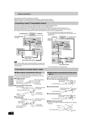 Page 4444
RQT7921
Optional connections
≥The equipment connections described are examples.
≥Peripheral equipment and optional cables sold separately unless otherwise indicated.
≥Before connection, turn off all equipment and read the appropriate operating instructions.
≥You need to subscribe to a cable TV or satellite TV service, to enjoy viewing their programming.
≥Consult your service provider regarding appropriate cable TV box or satellite receiver.
≥Select the applicable input on your television to view the...