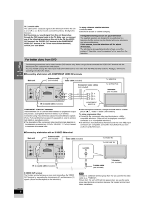 Page 88
RQT7921
75 ≠ coaxial cable
This cable carries broadcast signals to the television whether the unit 
is on or off so you do not need to connect the antenna directly to the 
television.
But the picture and sound signal from this unit does not go 
through the 75 ≠ coaxial cable to the TV. Make sure you connect 
one of the following terminals on this unit to the TV; the VIDEO 
OUT terminal, the S-VIDEO OUT terminal or the COMPONENT 
VIDEO OUT terminal. If the TV has none of these terminals, 
consult your...