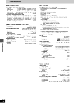 Page 3030
RQT7696
Specifications
Specifications
AMPLIFIER SECTION
RMS Output Power: Dolby Digital Mode
Front Ch 170 W per channel (6 ≠), 1 kHz, 10 % THD
Surround Ch  70 W per channel (4 ≠), 1 kHz, 10 % THD
Center Ch  260 W per channel (4 ≠), 1 kHz, 10 % THD
Subwoofer Ch  260 W per channel (4 ≠), 100 Hz, 10 % THD
Total RMS Dolby Digital mode power  1000 W
FTC Output Power: Dolby Digital Mode
Front Ch 100 W per channel (6 ≠), 120 Hz – 20 kHz, 1 % THD
Surround Ch 45 W per channel (4 ≠), 120 Hz – 20 kHz, 1 % THD...