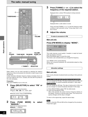 Page 22RQT6183
22
Radio operations
ENTER
VCR TV
TUNER/BANDAUXTV/VIDEOFL DISPLAY
TOP MENU MENU
SKIP
PLAYPAUSE
DISC SKIP CHANNELVOLUME
SFCMUTINGSUBWOOFER
LEVEL
STOP
RETURN DISPLAY
SLOW /SEARCH
DVD/CDMAIN UNIT
DISC
MANAGER
SUPER
SURROUND
TEST
PRO LOGIC
ANGLE AUDIO SUB TITLE ACTION
123
CH SELECT
456
789
0
PLAY MODE
GROUP PAGE MARKER
DISC1 DISC2
DISC4 DISC5DISC3
CANCELCENTER
FOCUSSEAT
POSITION
DISC
TUNER/BAND
POWERVOLUMEDISC 1 2 3 4 5WAKE / I
OPEN /CLOSETUNING DISC SKIP
MEMORYTUNE MODEFM MODESFCSUBWOOFER LEVELDOWN...