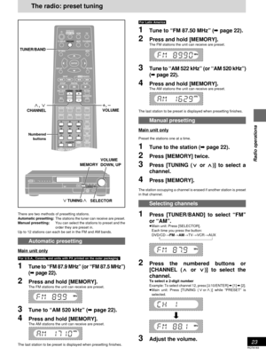 Page 2323
RQT6183
Radio operations
ENTER
VCR TV
TUNER/BANDAUXTV/VIDEOFL DISPLAY
TOP MENU MENU
SKIP
PLAYPAUSE
DISC SKIPCHANNEL VOLUME
SFCMUTINGSUBWOOFER
LEVEL
STOP
RETURN DISPLAY
SLOW /SEARCH
DVD/CDMAIN UNIT
DISC
MANAGER
SUPER
SURROUND
TEST
PRO LOGIC
ANGLE AUDIOSUB TITLEACTION
123
CH SELECT
456
789
0
PLAY MODE
GROUP PAGE MARKER
DISC1 DISC2
DISC4 DISC5DISC3
CANCELCENTER
FOCUSSEAT
POSITION
DISC
TUNER/BAND
POWERVOLUMEDISC 1 2 3 4 5WAKE / I
OPEN /CLOSETUNING DISC SKIP
MEMORYTUNE MODEFM MODESFCSUBWOOFER LEVELDOWN UP...