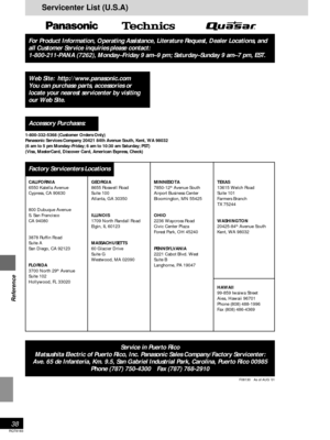 Page 38RQT6183
38
Reference
Servicenter List (U.S.A)
For Product Information, Operating Assistance, Literature Request, Dealer Locations, and
all Customer Service inquiries please contact:
1-800-211-PANA (7262), Monday–Friday 9 am–9 pm; Saturday–Sunday 9 am–7 pm, EST.
1-800-332-5368 (Customer Orders Only)
Panasonic Services Company 20421 84th Avenue South, Kent, WA 98032
(6 am to 5 pm Monday–Friday; 6 am to 10:30 am Saturday; PST)
(Visa, MasterCard, Discover Card, American Express, Check)
Web Site:...