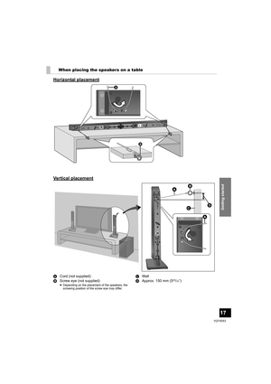 Page 17Getting started
17
VQT4D53
When placing the speakers on a table
Horizontal placement
Vertical placement
ACord  (not supplied)
B Screw eye (not supplied)
≥Depending on the placement of the speakers, the 
screwing position of the screw eye may differ.
C Wall
D Approx. 150 mm (529/32q)






SC-HTB20P~Body_mst.fm  17 ページ  ２０１２年１月１８日　水曜日　午前１１時１分 