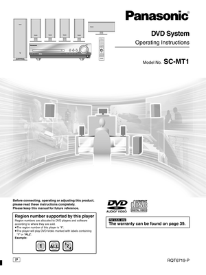 Page 1R
DVD System
Operating Instructions
Model No. SC-MT1
Í/IPROGRESSIVE OUTPHONESSELECTORDOWN
VOLUMESEARCH
UPÍ
AV SYSTEMSLEEPFL DISPLAY
DIMMER
PLAY MODE
MIX 2CH
REPEAT
P.MEMORY CANCEL
SKIP
CHTOP MENU
DISPLAY
VOLUME
MUTING
SSS PL C.FOCUSCSM SFCSUBWOOFER
LEVEL
FM MODE
SETUPZOOM GROUP AUDIORETURN
TV VOL sTV VOL r
DIRECT
NAVIGATORPLAY LISTMENUSLOW/SEARCHS10/ENTER123
456
78
09TV/VIDEOTUNER/BAND DVD/CDTV VCR /AUX
ENTER
CH SELECT
TEST
Before connecting, operating or adjusting this product, 
please read these...