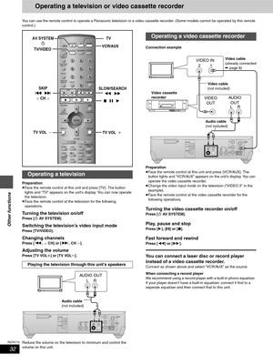 Page 3232
RQT6719
Other functions
You can use the remote control to operate a Panasonic television or a video cassette recorder. (Some models cannot be operated by this remote 
control.)
Preparation
≥Face the remote control at this unit and press [TV]. The button 
lights and “TV” appears on the unit’s display. You can now operate 
the television.
≥Face the remote control at the television for the following 
operations.
Turning the television on/off
Press [Í AV SYSTEM].
Switching the television’s video input...