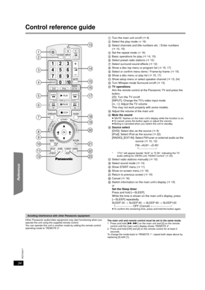 Page 3434
RQTX0217
Getting Started Playing Discs Other Operations Reference
Control reference guide
Other Panasonic audio/video equipment may start functioning when you 
operate the unit using the supplied remote control.
You can operate this unit in another mode by setting the remote control 
operating mode to “REMOTE 2”.The main unit and remote control must be set to the same mode.
1 Press and hold [5/9] on the main unit and [2] on the remote 
control until the main unit’s display shows “REMOTE 2”.
2 Press...
