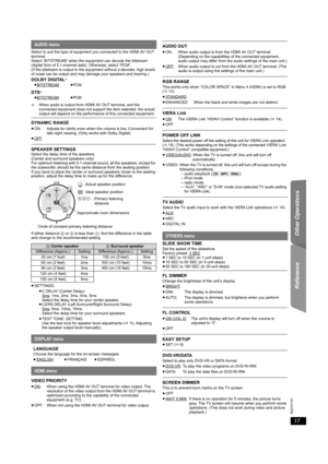 Page 1717
RQTX1101
Getting Started Playing Discs Other Operations Reference
  
Select to suit the type of equipment you connected to the HDMI AV OUT 
terminal.
Select “BITSTREAM” when the equipment can decode the bitstream 
(digital form of 5.1-channel data). Otherwise, select “PCM”.
(If the bitstream is output to the equipment without a decoder, high levels 
of noise can be output and may damage your speakers and hearing.)
DOLBY DIGITAL§
DTS§
§ When audio is output from HDMI AV OUT terminal, and the 
connected...