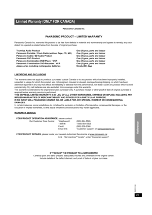 Page 2525
RQTX1101
Getting Started Playing Discs Other Operations Reference
  
Panasonic Canada Inc.
PANASONIC PRODUCT – LIMITED WARRANTY
Panasonic Canada Inc. warrants this product to be free from defects in material and workmanship and agrees to remedy any such 
defect for a period as stated below from the date of original purchase.
LIMITATIONS AND EXCLUSIONS
This warranty does not apply to products purchased outside Canada or to any product which has been improperly installed, 
subjected to usage for which...