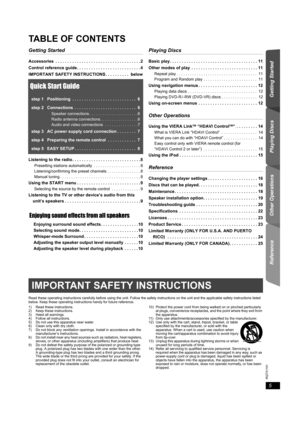 Page 55
Getting Started Playing Discs Other Operations Reference
RQTX1101
TABLE OF CONTENTS
Getting Started
Accessories  . . . . . . . . . . . . . . . . . . . . . . . . . . . . . . . . . . . . 2
Control reference guide . . . . . . . . . . . . . . . . . . . . . . . . . . . 4
IMPORTANT SAFETY INSTRUCTIONS . . . . . . . . . .  below
Quick Start Guide
step 1 Positioning  . . . . . . . . . . . . . . . . . . . . . . . . . . .  6
step 2 Connections  . . . . . . . . . . . . . . . . . . . . . . . . . .  6
Speaker...