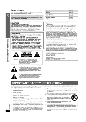 Page 2
RQTX0069
2
IMPORTANT SAFETY INSTRUCTIONS
Dear customer
Thank you for purchasing this product. For optimum performance and 
safety, please read these instructions carefully.
THE FOLLOWING APPLIES ONLY IN THE U.S.A.
Read these operating instructions carefully before using the un it. Follow the safety instructions on the unit and the applicable safety instructions listed 
below. Keep these operating instructions handy for future reference.
1) Read these instructions.
2) Keep these instructions.
3) Heed all...