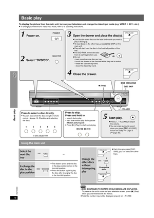 Page 14
RQTX0069
14
Basic play
Basic play
To display the picture from the main unit, turn on your television and change its video input mode (e.g. VIDEO 1, AV 1, etc.).≥To change your television’s video input mode, refer to its operating instructions.
[Note[≥ DISC CONTINUES TO ROTATE  WHILE MENUS ARE DISPLAYED.  
To preserve the unit’s motor and your television screen, press [ ∫](Stop) 
when you are finished with the menus.
≥ Total title number may not be displayed properly on  iR/ iRW.
Using the main unit
PO...