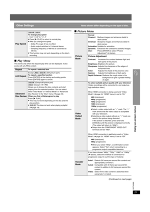 Page 21
RQTX0069
21
Using on-screen menus
∫Play Menu
This works only when the elapsed play time can be displayed. It also 
works with all JPEG content.
∫Picture Menu
(Continued on next page)
Other SettingsItems shown differ depending on the type of disc.
Play Speed
[DVD-VR] [DVD-V]
To change play speed
– from “ k0.6” to “ k1.4”
≥ Press [ 1PLAY] to return to normal play.
≥ After you change the speed
– Dolby Pro Logic II has no effect. 
– Audio output switches to 2-channel stereo.
– Sampling frequency of 96 kHz...