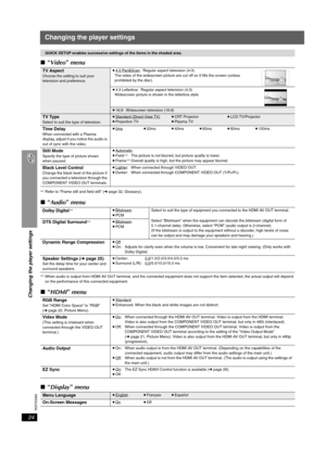 Page 24
RQTX0069
24
Changing the player settings
Changing the player settings
∫“Video ” menu
§ 4Refer to “Frame still and field still” ( ➜page 32, Glossary).
∫“Audio ” menu
§ 5 When audio is output from HDMI AV OUT terminal, and the connect ed equipment does not support the item selected, the actual output will depend 
on the performance of this connected equipment.
∫ “HDMI ” menu
∫ “Display ” menu
QUICK SETUP enables successive settings of the items in the shaded area.
TV AspectChoose the setting to suit your...