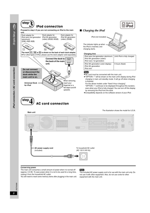 Page 8
RQTX0069
8
Simple Setup
Proceed to step 4 if you are not connecting an iPod to the main 
unit.∫Charging the iPod
Charging time
[Note]≥AC cord must be connected with the main unit.
≥ “OPTION ¢” will be shown on the main unit’s display during iPod 
charging in main unit standby mode. It will go off when charging 
is finished.
For the above models under “fixed 5-hour charging”, 
“OPTION ¢” continues to be displayed throughout this duration, 
even when your iPod is fully charged. You can turn off this...