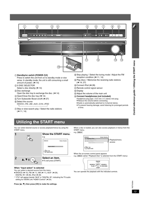 Page 1313
Control reference guide /   Utilizing the START menu
13
RQTX0094
You can select desired source or access playback/menus by using the 
START menu.
When “Input select” is selectedYou can select a desired source from the menu.
≥DVD/CD (➜ 10), FM (➜ 11), AM (➜ 11), AUX§ (➜ 28), 
DIGITAL IN§ (➜ 28), iPod (➜ 28)§ “(TV)” will appear beside “AUX” or “DIGITAL IN”, indicating the TV audio 
setting for VIERA Link “HDAVI Control” (➜ 24).
Press [3,4], then press [OK] to make the settings.When a disc is loaded, you...