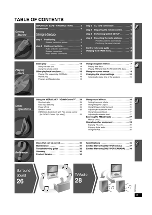 Page 3RQTX0094
3 Reference
TABLE OF CONTENTS
IMPORTANT SAFETY INSTRUCTIONS  . . . . . .  2
Accessories . . . . . . . . . . . . . . . . . . . . . . . . . . . .  4
Simple Setup
step 1 Positioning . . . . . . . . . . . . . . . . . . . . . .  5
Speaker installation options . . . . . . . . . . . . .  6
step 2 Cable connections. . . . . . . . . . . . . . . .  7
Audio and video connections . . . . . . . . . . . .  7
Speaker connections . . . . . . . . . . . . . . . . . .  8
Radio antenna connections . . . . . . . . ....