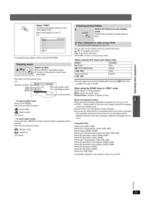 Page 2929
RQTX0094
Operating other equipment
To operate through display of iPod, press [FUNCTIONS].
Play starts from the selected song.
§1 To select shuffle modes
Press [-PLAY MODE].
Each time you press the button:
§2 To select repeat modes
Press and hold [—REPEAT] and then press the button repeatedly within 3 
seconds.
Each time you press the button:You can also use the remote control to operate iPod menu.
[3,4]: To navigate menu items
[OK]: To go to the next menu
[-RETURN]: To return to the previous menu
≥You...