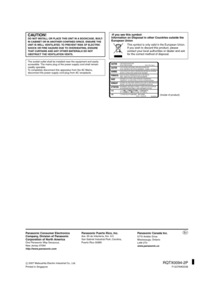 Page 40Panasonic Consumer Electronics 
Company, Division of Panasonic 
Corporation of North America
One Panasonic Way Secaucus,
New Jersey 07094
http://www.panasonic.com
Panasonic Puerto Rico, Inc.Ave. 65 de Infantería, Km. 9.5
San Gabriel Industrial Park, Carolina,
Puerto Rico 00985Panasonic Canada Inc.5770 Ambler Drive
Mississauga, Ontario
L4W 2T3
www.panasonic.ca
p
C 2007 Matsushita Electric Industrial Co., Ltd.RQTX0094-2P
Printed in SingaporeF1207KW2038
CAUTION!DO NOT INSTALL OR PLACE THIS UNIT IN A...