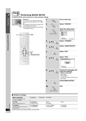 Page 1010
Simple Setup
Performing QUICK SETUP
RQTX0094
The QUICK SETUP screen assists you to make necessary settings.
Preparation
Turn on your TV and select the appropriate 
video input mode (e.g. VIDEO 1, AV 1, HDMI, 
etc.).
≥To change your TV’s video input mode, refer 
to its operating instructions.
≥This remote control can perform some basic 
TV operations (➜ 12).
∫Details of settings
≥Underlined items are the factory settings in the above table.
step
5Performing QUICK SETUP
-DVD
-SLEEP-REPEAT-FL...