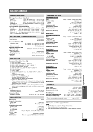 Page 3535
RQTX0275
Specifications 
Specifications
RMS Output Power: Dolby Digital ModeFront Ch  125 W per channel (3 ≠), 1 kHz, 10 % THD
Surround Ch  125 W per channel (3≠), 1 kHz, 10 % THD
Center Ch  250 W per channel (6≠), 1 kHz, 10 % THD
Subwoofer Ch  250 W per channel (6 ≠), 100 Hz, 10 % THD
Total RMS Dolby Digital mode power 1000 W
FTC Output Power: Dolby Digital Mode Front Ch 63 W per channel (3  ≠), 120 Hz to 20 kHz, 1 % THD
Surround Ch  34 W per channel (3 ≠), 120 Hz to 20 kHz, 1 % THD
Center Ch  113 W...