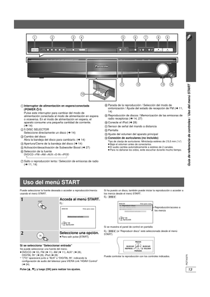 Page 4913
Guía de referencia de controles / Uso del menú START
13
RQTX0275
Puede seleccionar la fuente deseada o acceder a reproducción/menús 
usando el menú START.
Si se selecciona “Seleccionar entrada”Se puede seleccionar una fuente del menú.
≥DVD/CD ( ➜ 10), FM ( ➜ 11), AM ( ➜ 11), AUX§ (➜  28), 
DIGITAL IN§ ( ➜  28), iPod ( ➜ 28)§ “(TV)” aparecerá junto a “AUX” o “DIGITAL IN”, indicando la 
configuración de audio del televisor para VIERA Link “HDAVI Control” 
( ➜  24).
Pulse [ 3,4 ], y luego [OK] para...