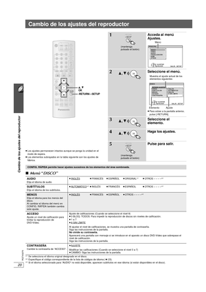 Page 5620
Cambio de los ajustes del reproductor
RQTX0275
Cambio de los ajustes del reproductor
≥Los ajustes permanecen intactos aunque se ponga la unidad en el 
modo de espera.
≥ Los elementos su brayados en la ta bla siguiente son los ajustes de 
fá brica.
∫ Menú  “DISCO ”
§1Se selecciona el idioma original designado en el disco.§2Especifique el código co rrespondiente de la lista de códigos de idioma ( ➜ 23).§3Si el idioma seleccionado para “AUDIO” no está disponi ble, aparecen su btítulos en ese idioma (si...