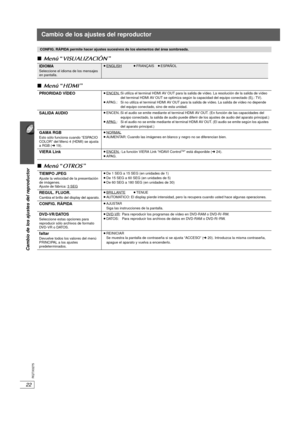 Page 5822
Cambio de los ajustes del reproductor
RQTX0275
Cambio de los ajustes del reproductor
∫Menú  “VISUALIZACIÓN ”
∫ Menú  “HDMI ”
∫ Menú  “OTROS ”
CONFIG. RÁPIDA permite hacer ajustes sucesiv os de los elementos del área sombreada.
IDIOMASeleccione el idioma de los mensajes 
en pantalla.
≥ENGLISH≥FRANÇAIS ≥ESPAÑOL
PRIORIDAD VÍDEO≥ ENCEN.:Si utiliza el terminal HDMI AV OUT para la salida de vídeo. La resolución de la salida de vídeo 
del terminal HDMI AV OUT se optimiza según la capacidad del equipo...