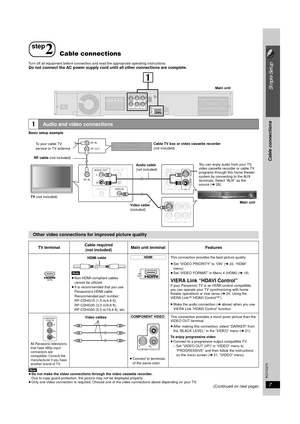 Page 77
Simple Setup
Cable connections
RQTX0275
Turn off all equipment before connection and read the appropriate operating instructions.Do not connect the AC power supply cord until all other connections are complete.
Basic setup example
[Note]
≥Do not make the video connections through the video cassette recorder.  
Due to copy guard protection, the picture may not be displayed properly.
≥ Only one video connection is required. Choose one of the video connections above depending on your TV.
(Continued on...