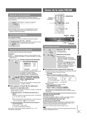 Page 6327
Uso de efectos de sonido / Gozar de la radio FM/AM
RQTX0275
Gozar de la radio FM/AM
Se puede ajustar la cantidad de graves. Este aparato selecciona 
automáticamente el ajuste más adecuado en función del tipo de fuente 
que se reproduzca.
≥Para compro bar el ajuste actual, pulse [SUBWOOFER LEVEL].
≥ El ajuste configurado se conserva y se utiliza cada vez que se 
reproduce el mismo tipo de fuente.
Sólo el aparato principal
Se puede potenciar el efecto de su bwoofer reforzando los graves.
Se pueden...