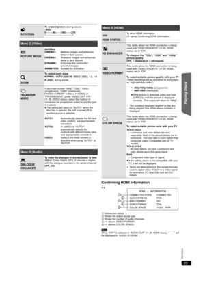 Page 2323
RQTX0210
Getting Started
Playing Discs
Other Operations
Reference
Confirming HDMI information
1 Connection status
2 Shows the output signal type.
3 Shows the number of audio channels.
4 (B above, VIDEO FORMAT)
5 (B above, COLOR SPACE)
[Note]
When “OFF” is selected in “AUDIO OUT” ( B29, HDMI menu), “– – –” will 
be displayed in “AUDIO STREAM”.
ROTATION
To rotate a picture  (during pause)
[JPEG] :
0 ,------.  90,------. 180,------.270
^--------------------------------------------J
Menu 2 (Video)
PICTURE...