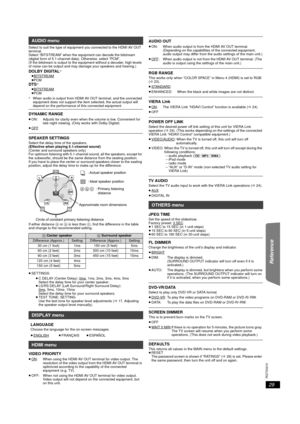 Page 2929
RQTX0210
Getting Started
Playing Discs
Other Operations
Reference
Select to suit the type of equipment you connected to the HDMI AV OUT 
terminal.
Select “BITSTREAM” when the eq uipment can decode the bitstream 
(digital form of 5.1-channel data). Otherwise, select “PCM”.
(If the bitstream is output to the equipment without a decoder, high levels 
of noise can be output and may damage your speakers and hearing.)
DOLBY DIGITAL§
≥ BITSTREAM≥PCMDTS§
≥BITSTREAM≥PCM§  When audio is output from HDMI AV OUT...