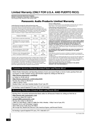 Page 3636
RQTX0210
Getting Started
Playing Discs
Other Operations
Reference
Limited Warranty (ONLY FOR U.S.A. AND PUERTO RICO)
Panasonic Consumer Electronics Company, 
Division of Panasonic Cor poration of North America
One Panasonic Way, Secaucus, New Jersey 07094
Panasonic Audio Products Limited Warranty
Limited Warranty Coverage (For USA and Puerto Rico Only)
If your product does not work properly because of a defect in materials or 
workmanship, Panasonic Consumer Electronics Company (referred to as “the...