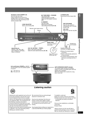 Page 11
RQTX0044
11
Control reference guide
Listening caution
POWER
5 DISC SELECTOR
SELECTOR
TUNINGTUNE MODE FM MODEMEMORY
MUSIC PORTVOLUME
SKIPEXCHANGEDISCOPEN CLOSE
12345
VOLUME
POWERAUTO OPERATION ON/OFF
Standby/on switch [POWER Í/I]
Turn the main unit on/off.
Press to switch the unit from on to 
standby mode or vice versa. In standby 
mode, the unit is still consuming a small 
amount of power.  (14)
MUSIC PORT
Connect an external 
device (31)
4 , 5 /X TUNING W
Skip or slow-search play  (14)/
Select the...