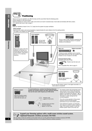 Page 4
RQTX0044
4
Simple Setup
How you set up your speakers can affect the bass and the sound field. Note the following points:
≥Place speakers on flat secure bases.
≥ Placing speakers too close to floors, walls, and corners can result  in excessive bass. Cover walls and windows with thick curtains.
≥ For optional wall mount, refer to page 5.
]Note]Keep your speakers at least 10 mm (13/32q) away from the system for proper ventilation.
step
1Positioning
Expand your listening options with a multi-room wireless...