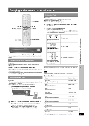 Page 31
RQTX0044
31
Enjoying audio from an external source
Enjoying audio from an external source
You can enjoy audio from an external source through your home theater 
system.
Preparation
Confirm the audio connection to the AUX terminal on the main unit 
(➜ page 6).
Press [ N,O SELECT] repeatedly to select “AUX”.
≥Reduce the volume on the television to its minimum, and then adjust the 
volume of the main unit.
≥ You can enjoy surround sound when you press [ ÎPLII/S.SRD] to turn 
on Super Surround ( ➜page 30)....