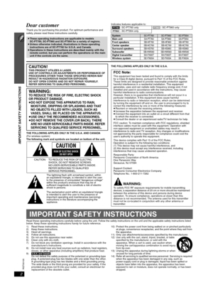 Page 2RQTX0105
2
IMPORTANT SAFETY INSTRUCTIONS
Dear customer
Thank you for purchasing this product. For optimum performance and 
safety, please read these instructions carefully.Indicates features applicable to:
THE FOLLOWING APPLIES ONLY IN THE U.S.A. AND CANADA
(For wireless system)
The following mark and symbols are located on bottom of the unit.THE FOLLOWING APPLIES ONLY IN THE U.S.A.
Read these operating instructions carefully before using the unit. Follow the safety instructions on the unit and the...