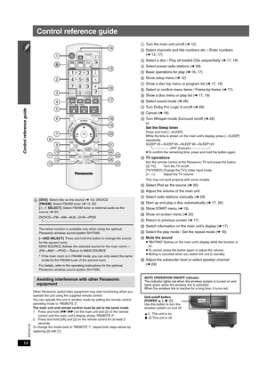 Page 1414
Control reference guide
RQTX0105
Other Panasonic audio/video equipment may start functioning when you 
operate the unit using the supplied remote control.
You can operate this unit in another mode by setting the remote control 
operating mode to “REMOTE 2”.
The main unit and remote control must be set to the same mode.
1 Press and hold [9/5] on the main unit and [2] on the remote 
control until the main units display shows “REMOTE 2”. 
2 Press and hold [OK] and [2] on the remote control for at least 2...