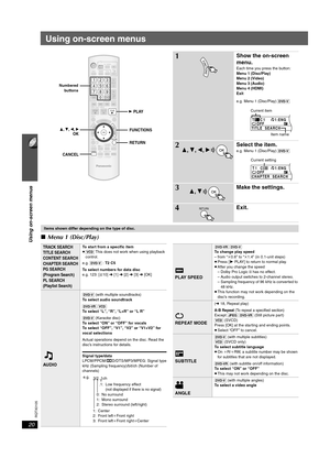 Page 2020
Using on-screen menus
RQTX0105
Using on-screen menus
∫Menu 1 (Disc/Play)
SOUND
-SLEEP-CH SELECTW.S.FL DISPLAYPLAYLISTMENURETURN
ONE TOUCH PLAYSETUP
VOL
VOL
1
PA USE
23
56
89
0
10
4
7
DISC
DV D-2ND SELECTFM/AMiPod
TVTV / VIDEO
PL
SELECT
SUBWOOFERLEVEL MUTING
START
SKIP
SLOW / SEARCH
FUNCTIONS
-CD MODE
-PLAY MODE-REPEATCANCEL
STOPPLAY
OKTOP MENU
PLAY
FUNCTIONS
RETURN
CANCEL
&+4%60#8+)#614
OK
Numbered
buttons
1Show the on-screen 
menu.
Each time you press the button:
Menu 1 (Disc/Play)
Menu 2 (Video)...