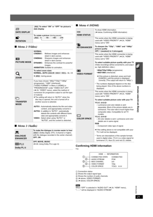 Page 2121
Using on-screen menus
RQTX0105
∫Menu 2 (Video)
∫Menu 3 (Audio)∫Menu 4 (HDMI)
Confirming HDMI informatione.g.
1 Connection status
2 Shows the output signal type.
3 Shows the number of audio channels.
4 (➜ above, VIDEO FORMAT)
5 (➜ above, COLOR SPACE)
[Note]
When “OFF” is selected in “AUDIO OUT” (➜ 24, “HDMI” menu), 
“– – –” will be displayed in “AUDIO STREAM”.
DAT E  DI SP LAY
[JPEG] To select “ON” or “OFF” for picture’s 
date display
ROTATION
To rotate a picture (during pause)
[JPEG] :  0,------....