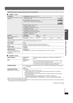 Page 2323
Changing the player settings
RQTX0105
∫“VIDEO” menu
∫“AUDIO” menu
§4Refer to “Frame still and field still” (➜ 37, Glossary).§5 When audio is output from HDMI AV OUT terminal, and the connected equipment does not support the item selected, the actual output will depend 
on the performance of this connected equipment.
(Continued on next page)
QUICK SETUP enables successive settings of the items in the shaded area.
TV ASPECTChoose the setting to suit your TV and 
preference.≥4:3PAN&SCAN: Regular aspect...