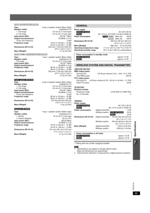 Page 39Specifications
39
RQTX0105
[PT960] [Front\speakers\SB-HF960]
Typ e2 way, 2 speaker system (Bass reflex)
Speaker unit(s)Impedance 6≠
1. Full range 6.5 cm (2
1/2z) Cone type
2. Full range 6.5 cm (21/2z) Cone type
Input power (IEC)250 W§6 (Max)
Output sound pressure83 dB/W (1.0 m)
Cross over frequency 5 kHz
Frequency range79 Hz  t o 25 kHz (j16 dB)
95 Hz  t o 22 kHz (j10 dB)
Dimensions (WtHtD)252 mmk1123 mmk235 mm
(9
29/32zk447/32zk91/4z)
Mass [Weight]3.7 kg (8.2 lbs)
[PT960] [PT954]...